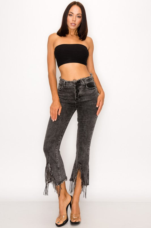 Rhinestone Fringe Black Denim Jeans