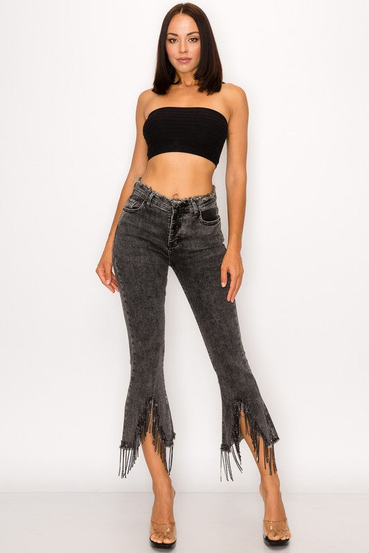 Rhinestone Fringe Black Denim Jeans